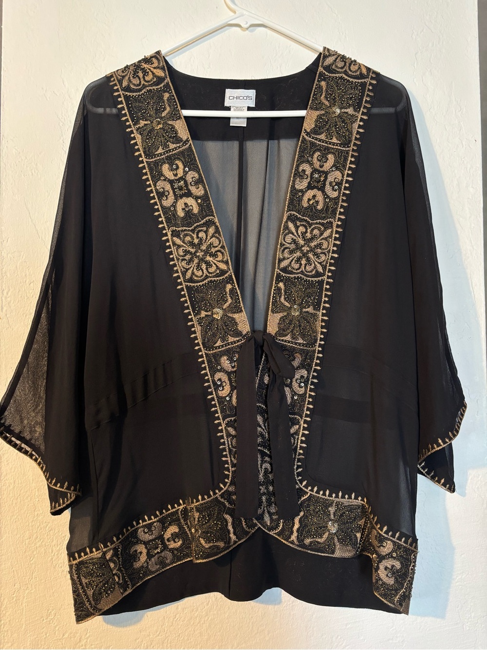 Chico's Black Sheer Silk Kimono with Gold Embroidery - Picture 1 of 3